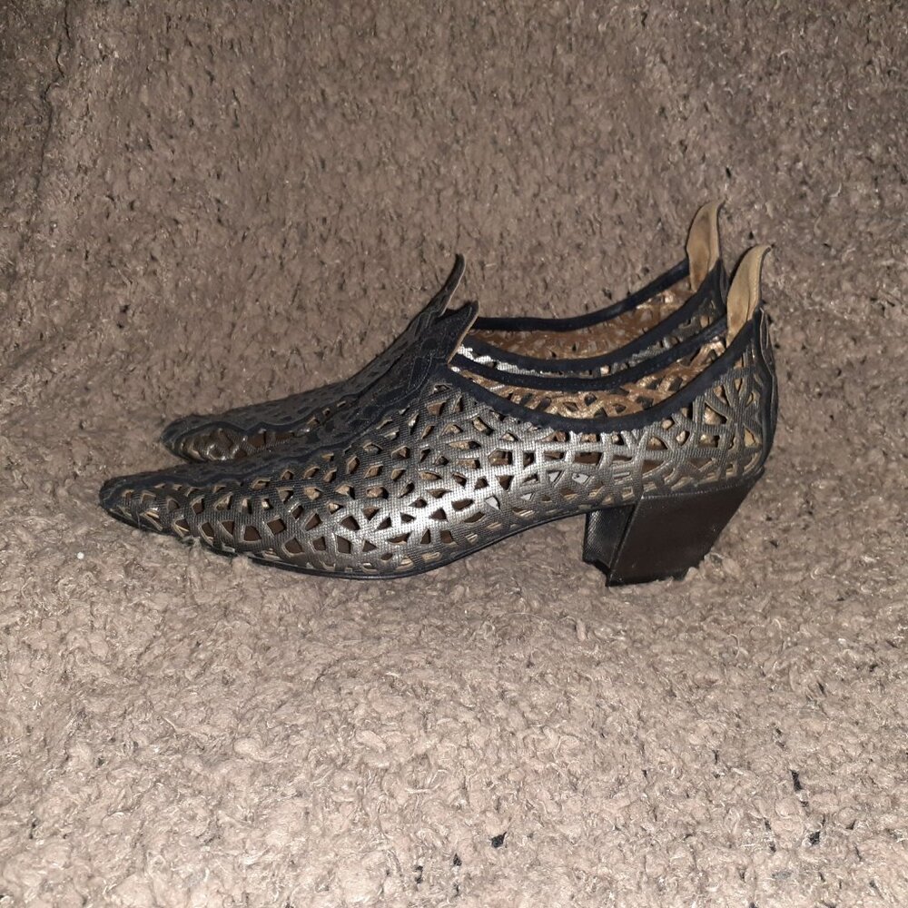 EL VAQUERO-Cowboy-Laser Cut-Out-Pewter Metallic Leather-VINTAGE-Sz 38-Excellent - Picture 2 of 8